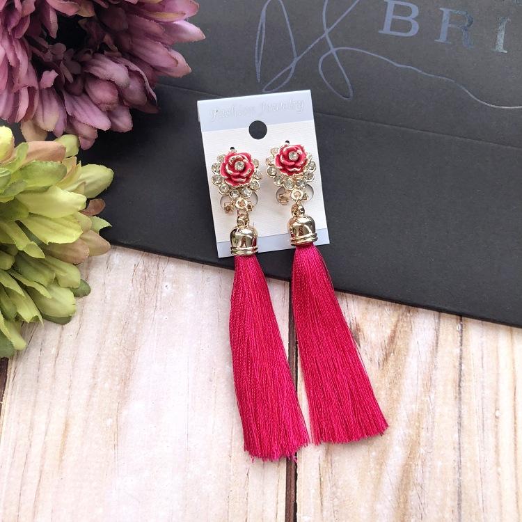 Retro flower gemstone with diamond fringed stud earrings long celebrity temperament earrings women's versatile earrings