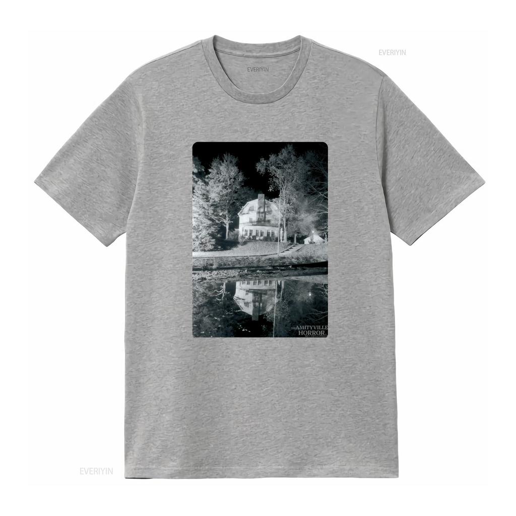 Amityville Horror Classic Black T Shirt for Adults Spooky Nighttime House Print Design Vintage Washed Unisex Designer Clothes