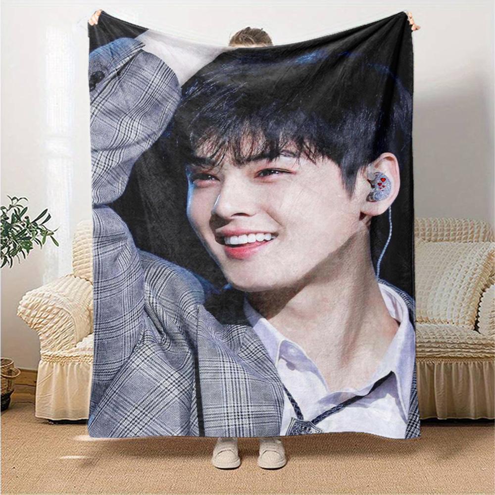 1Pc Cha Eun-woo Print Blanket Soft Comfortable Polyester Throw Blanket Allseason Use Perfect Bedroom Office Outdoor Ideal Christmas Gift Choice Print 