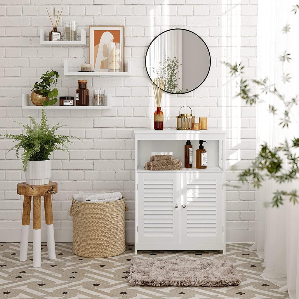 VASAGLE Wooden Bathroom Floor Cabinet Storage Organiser Rack, Kitchen Cupboard Free Standing, with Double Shutter Doors, White
