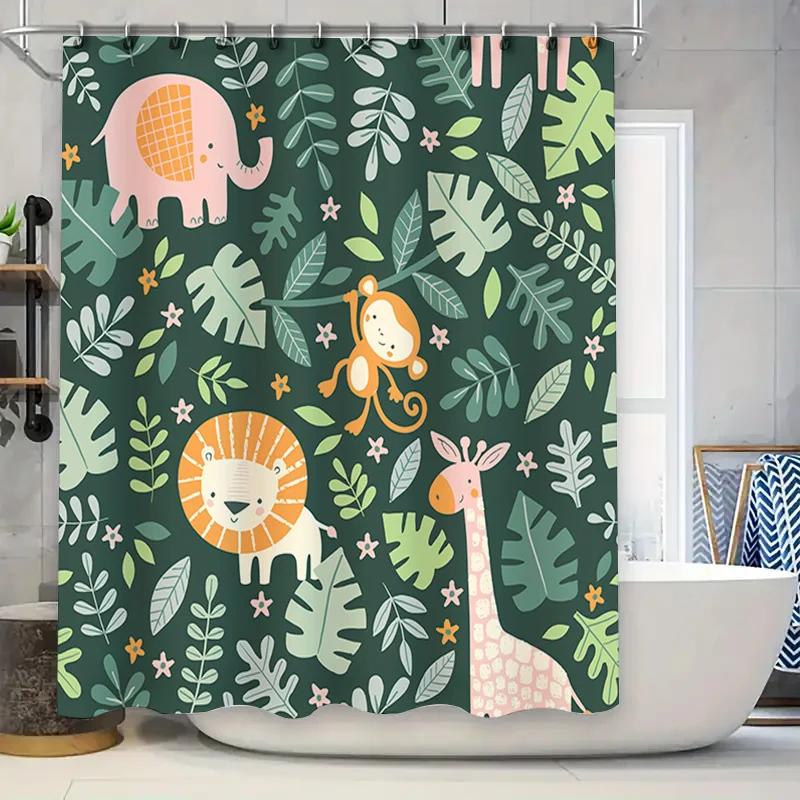 

Green Jungle Animal Shower Curtain With Pink Elephant Orange Lion Kids Bathroom Decor For Boys Girls Waterproof Fabric 72 X 84 I W60H190(CM)-1 Pcs