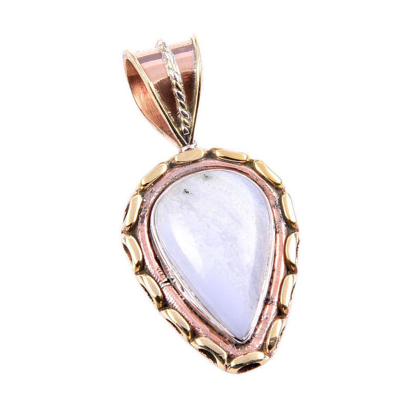 Natural Blue Lace Agate 925 Solid Sterling Silver Gift TwoTone Pendant 1.5" v1l52