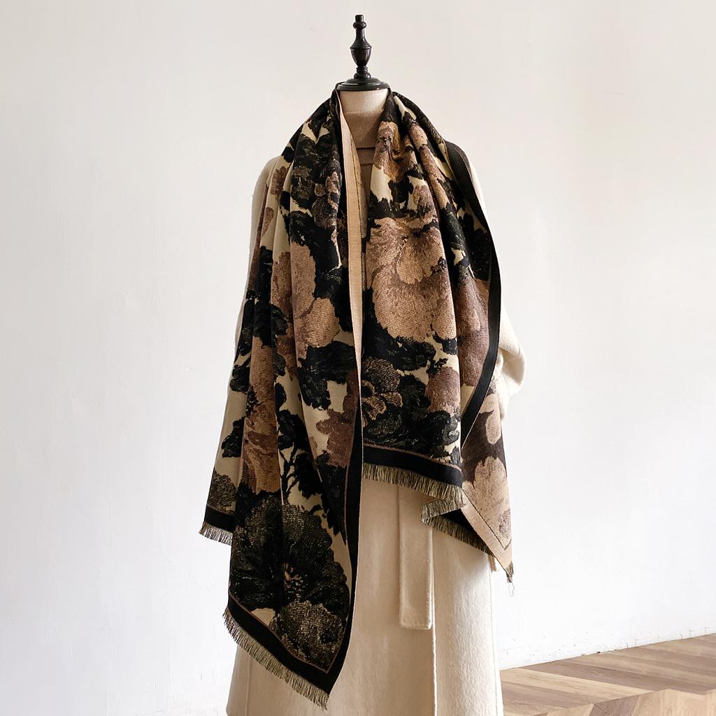 Women Winter Thick Warm Faux Cashmere Scarf Fashionable Luxurious Blanket Scarf Patterned with Design
