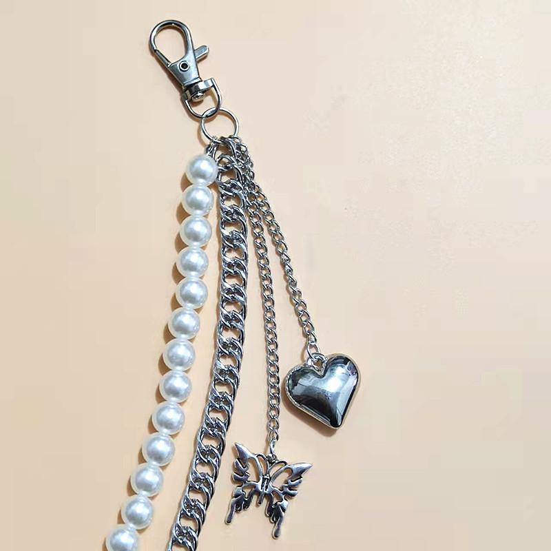 South Korea INS Harajuku Style Personalized Street Shot Jeans Pearl Chain with Butterfly Peach Heart Pendant Men's and Women's Same Waist Chain
