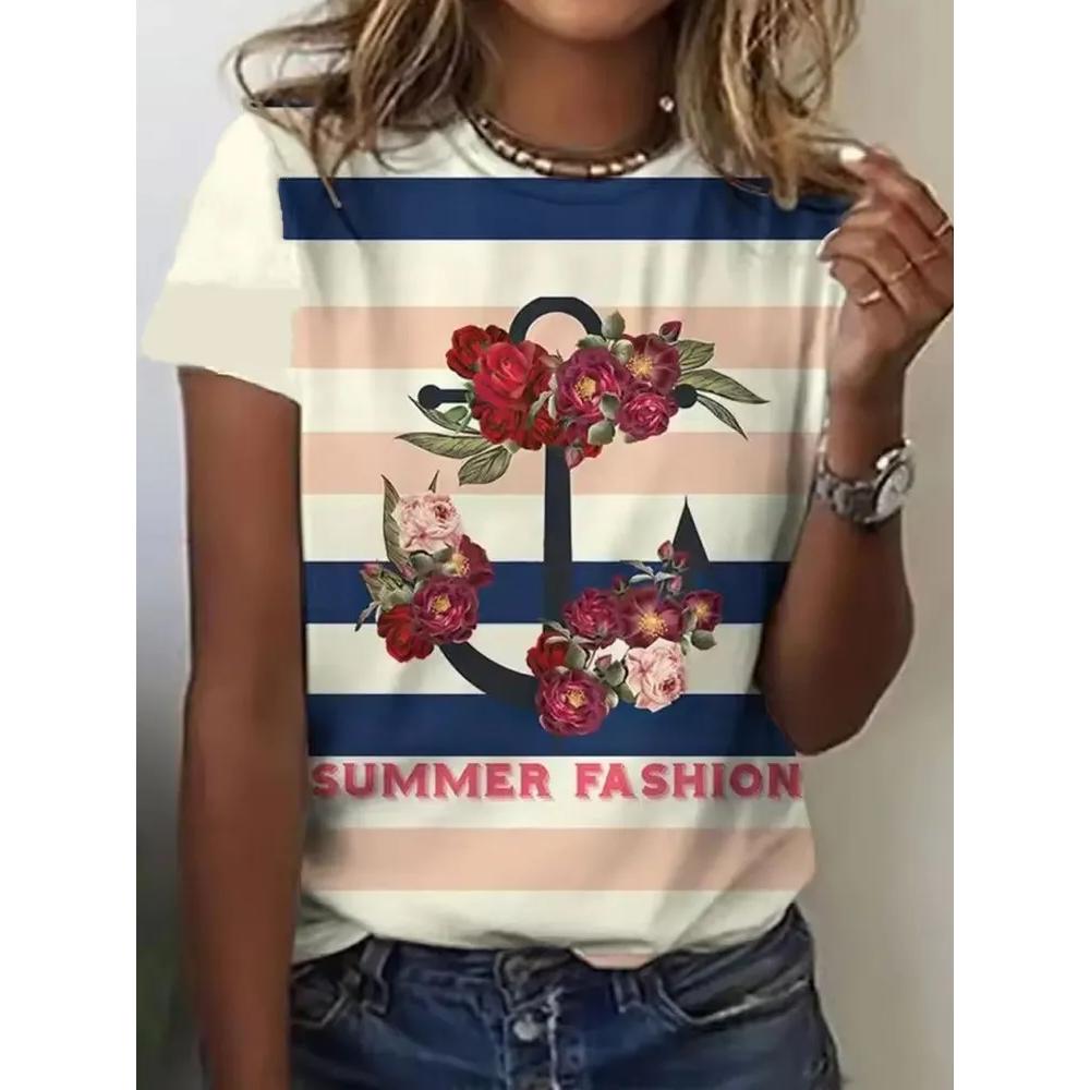 Bequemes gestreiftes bedrucktes Oberteil Mode Vielseitige Damen Kurzarm Freizeit locker T-Shirts Damen