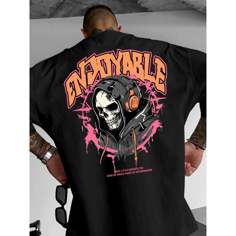 ENJOYABLE Skull Headphone Image Print Men s Street Style Printed Short Sleeve T-Shirt S