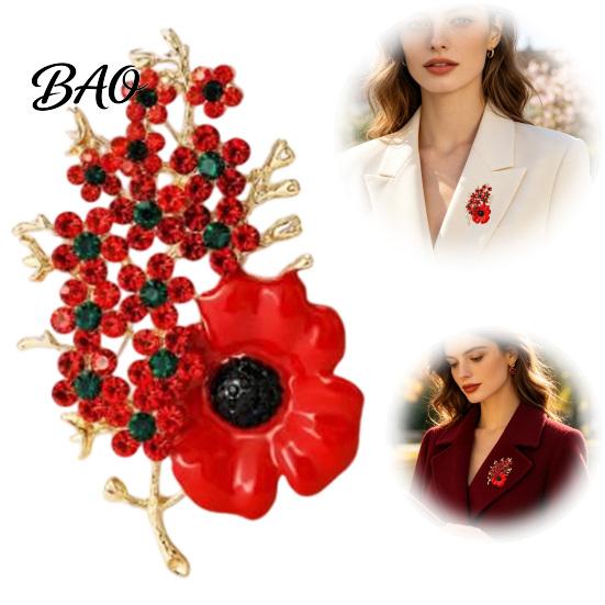 Women Memorial Jewelry Never Forgotten Victory Blossom Brooch, Red Flower Lapel Pin with Rhinestone, Alloy Badge for Veterans History Keepsake Brooch