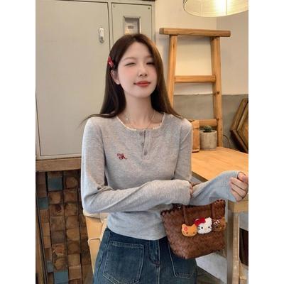 Autumn Winter Women's Clothing Korean Version Sweet Lace Patchwork Button Design Fake Two-piece T-shirt Long Sleeved Base Top T-Shirts Women’s