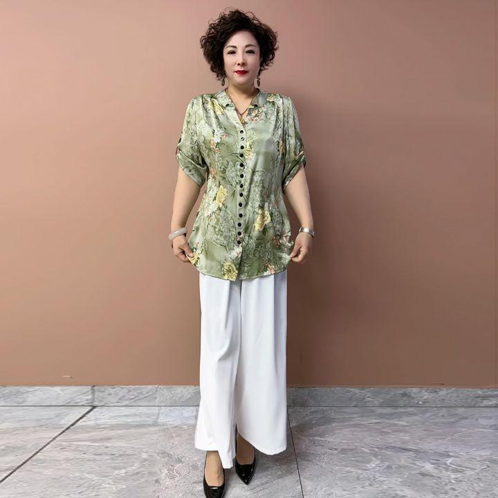 Summer Women's Floral Silk Shirt  Loose V-neck Plus-size Blouse