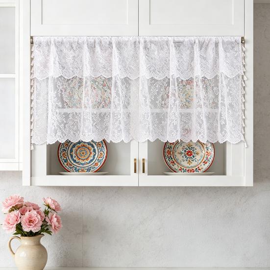 Cortina Media de Encaje, Cortina Transparente Floral Campestre Transpirable, Cortinas Estilo Nórdico Bloqueo de Polvo y Flujo de Aire, para Ventanas Medias de Cocina