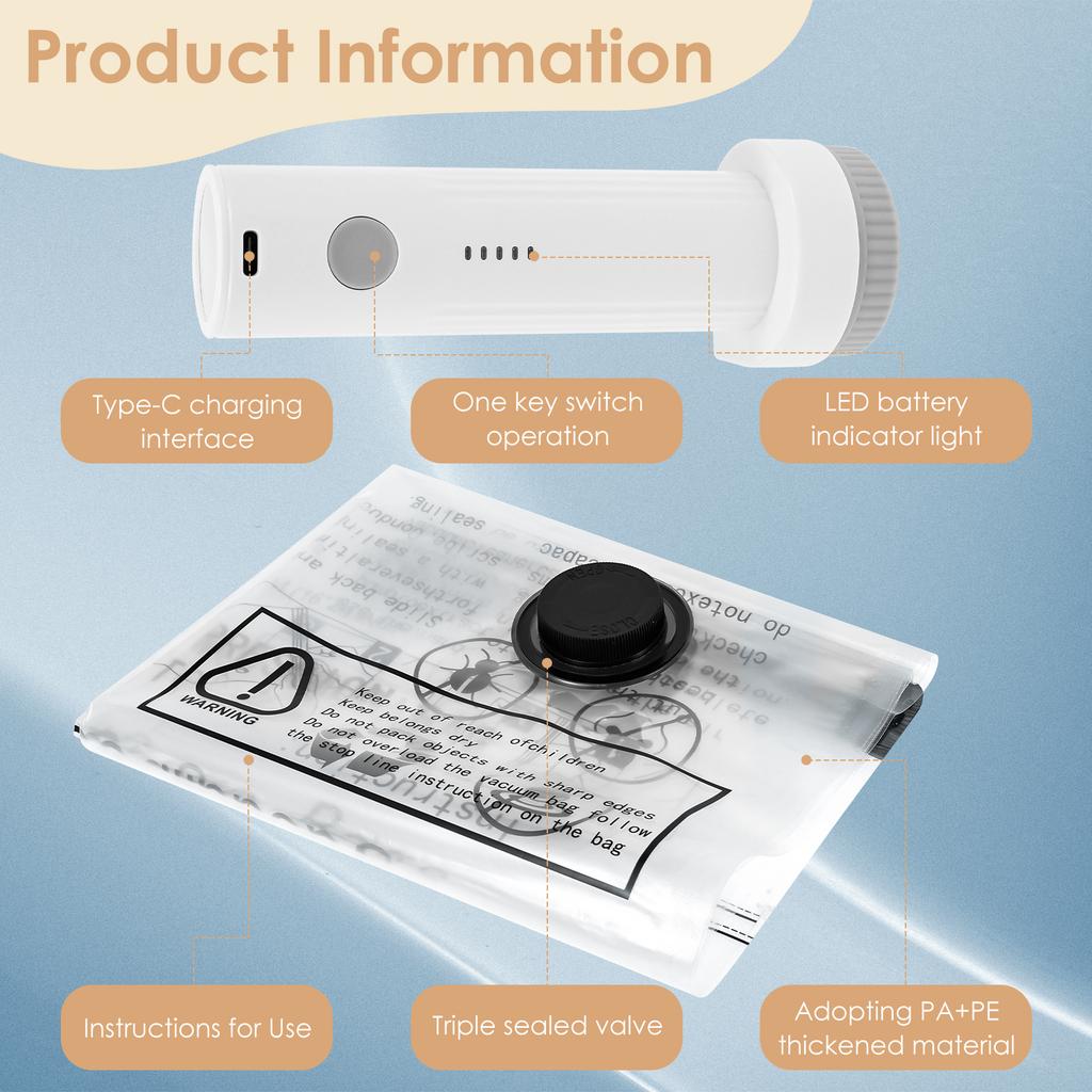 8Pcs Vacuum Storage Bags with USB Electric Pump Rapid Compression Double Zipper Lock Triple Seal Compression Bag for Luggage