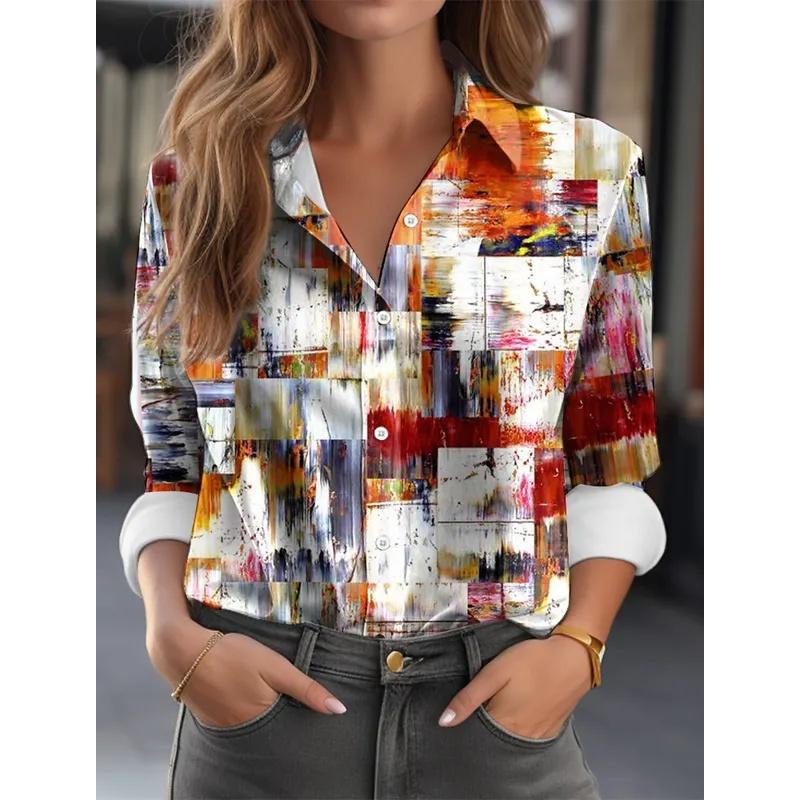 Women's Multicolor Geometric Splicing 3D Print Long Sleeve Shirt, Women's Vacation Shirt