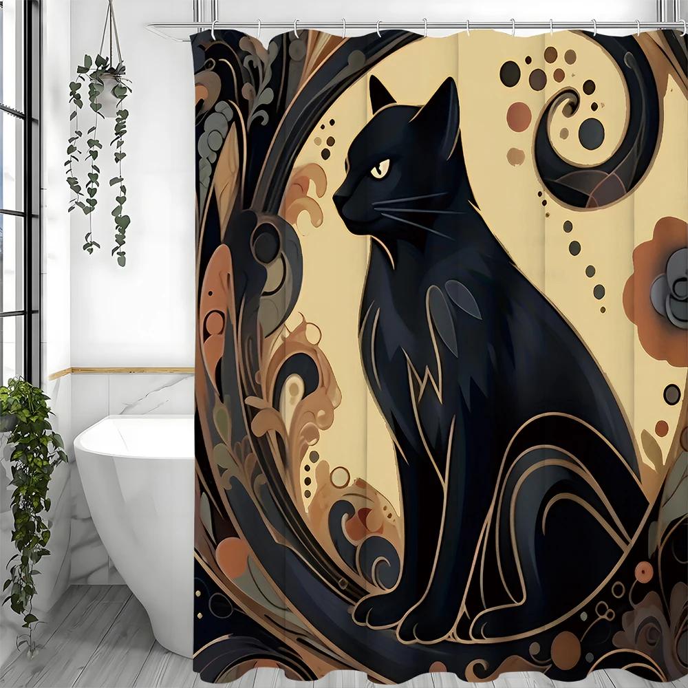 Artistic Black Cat Shower Curtain: Elegant, Modern Bathroom Decor for Stylish, Mysterious Ambiance and Enigmatic Charm W90XH180cm