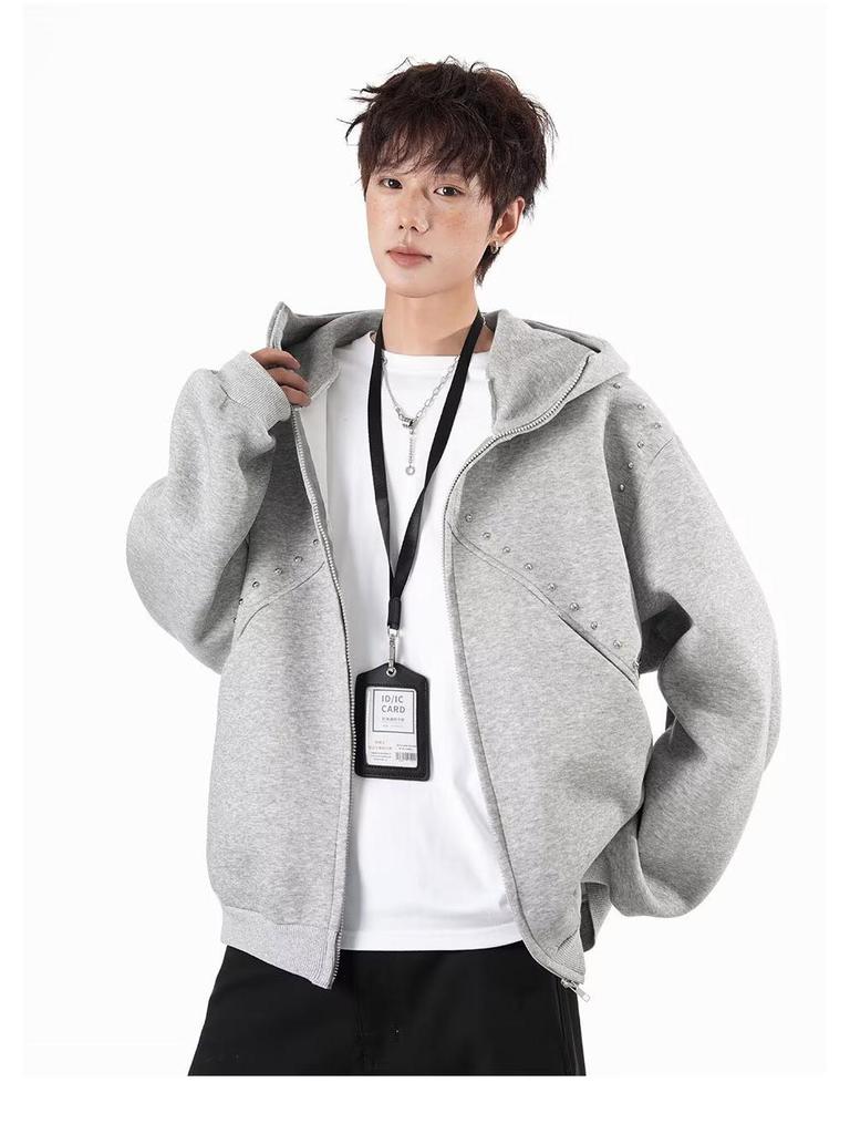 Men's Retro Rivet Hooded Cardigan: Trendy Autumn/Winter Streetwear Zipper Jacket with Plus Velvet