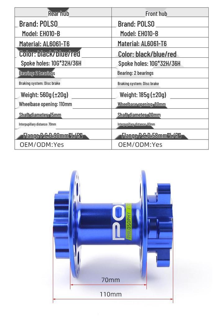 POLSO CNC Aluminum Electric Motorcycle Disc Brake Hub with Six-Bolt, 32H/36H Compatibility, and 10G Spokes