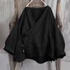 Womens Fashionable Solid Color V-neck Long Sleeved Lace Cotton And Linen Loose Shirt Top