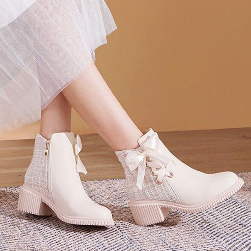 Botas de otoño invierno Bota individual femenina De tacón medio Bowknot  Xiaoxiangfeng Tacón grueso Botas cortas De fondo suave Zapatos de mujer  comprar a buen precio — entrega gratuita, reseñas reales con
