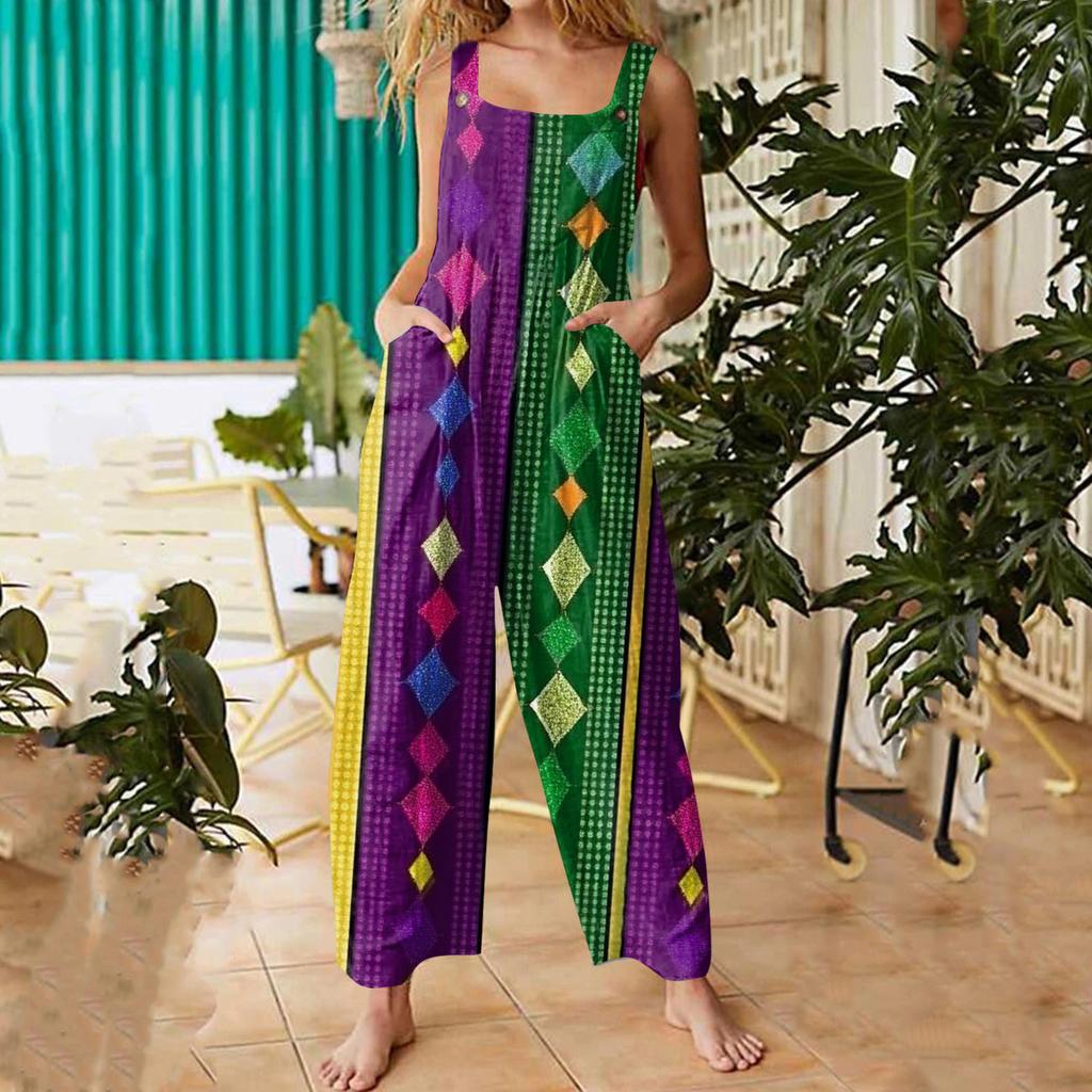 Womens Casual Overalls Jumpsuits Adjustable Straps Sleeveless Carnival Print Comfy Rompers With Pocket