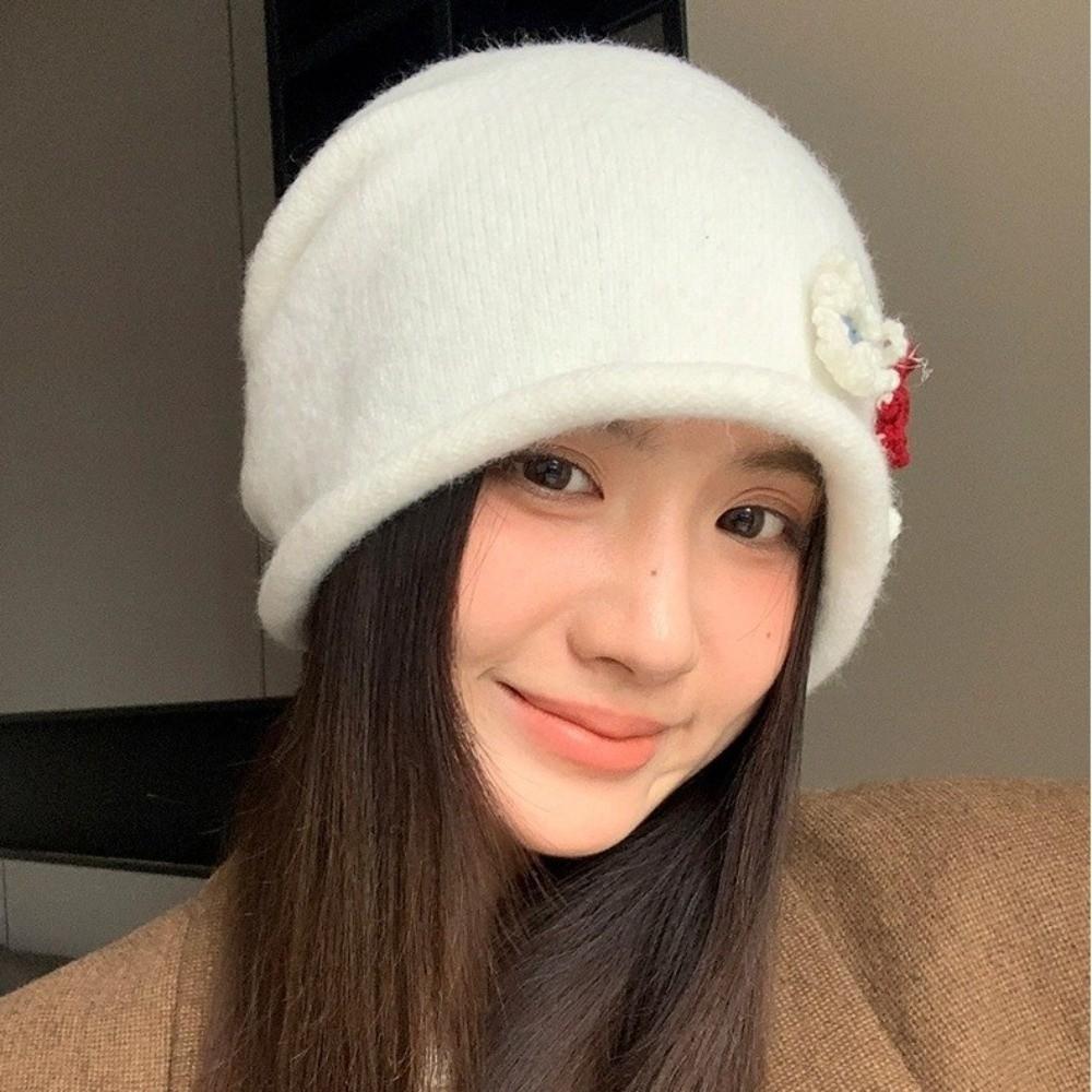 Flower Design Knitted Bucket Hat Korean Style Beanie Hat Sweet Warm Cap  Winter