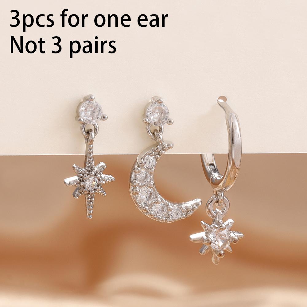 3PCS New Design Stainless Steel CZ Zircon Star Moon Stud Earring Set For Women Punk Unisex Rock Earring Statement Jewelry aretes