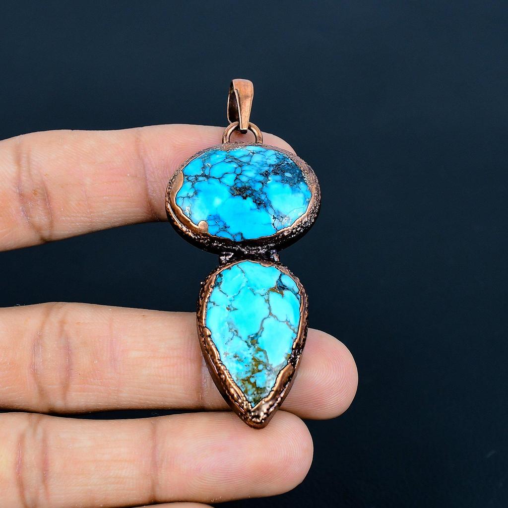 Blue Turquoise Handmade Gemstone Pendant, Copper Electroformed Antique Jewelry Pendant, For Engagement Gift