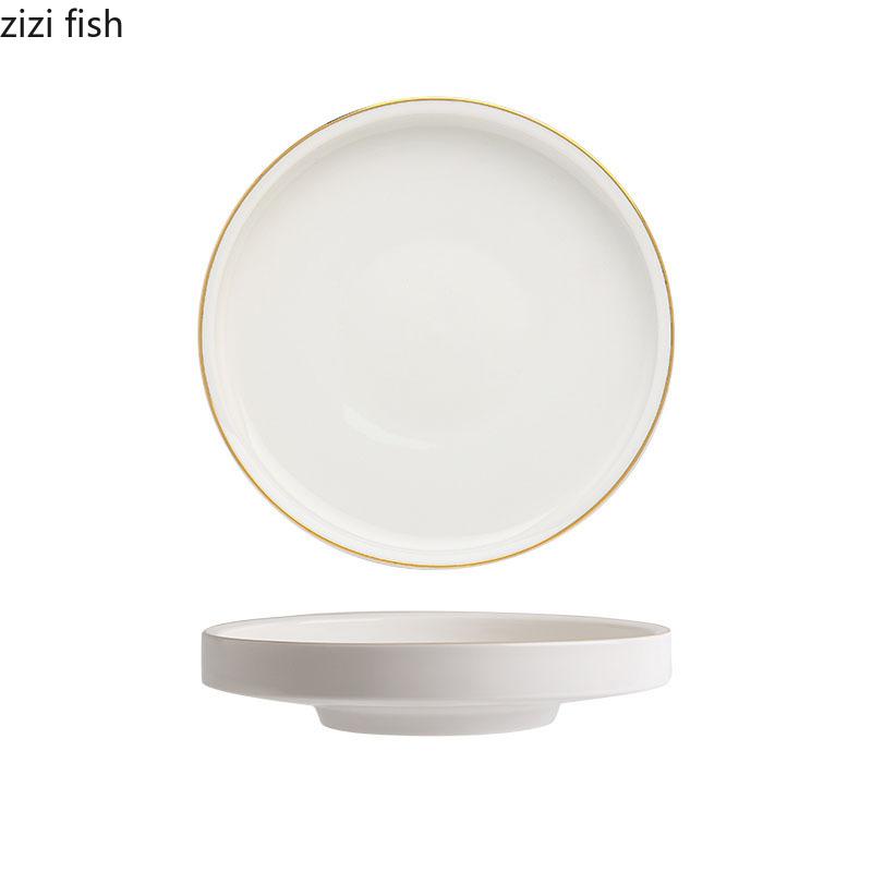 Solid Color Gold Edge Ceramic High Foot Plate Restaurant Flat Plate Dessert Dish Sushi Dish Molecular Cooking Creative Tableware
