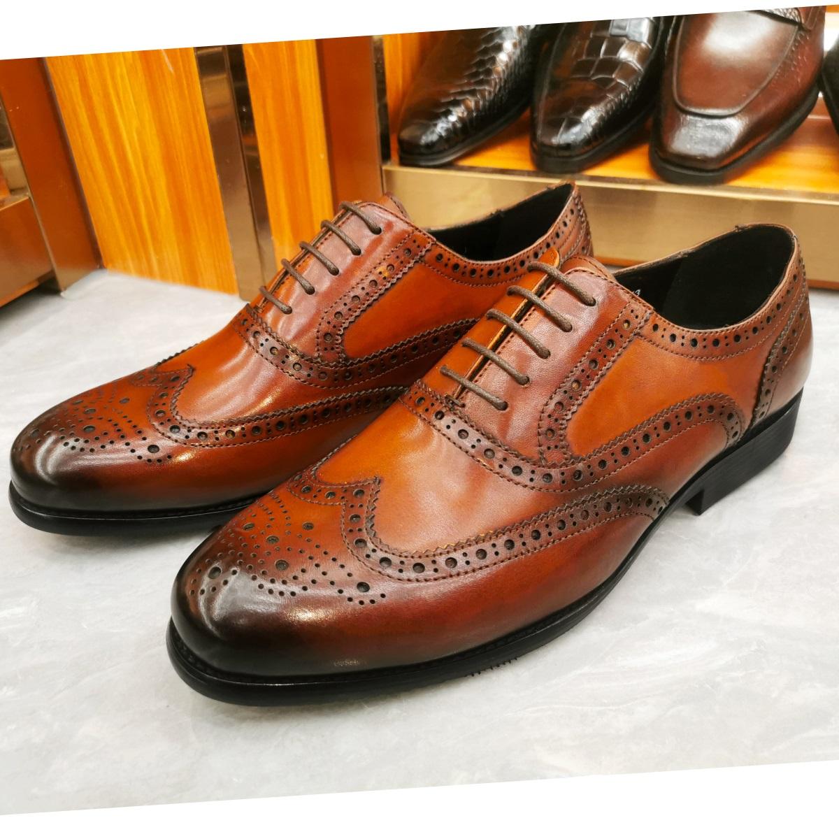 

Fashion Luxury Men s Dress Shoes Genuine Leather Brogue Wingtip Toe Oxford Black Brown Lace-Up Business Wedding Formal Men Shoes 46 коричневий