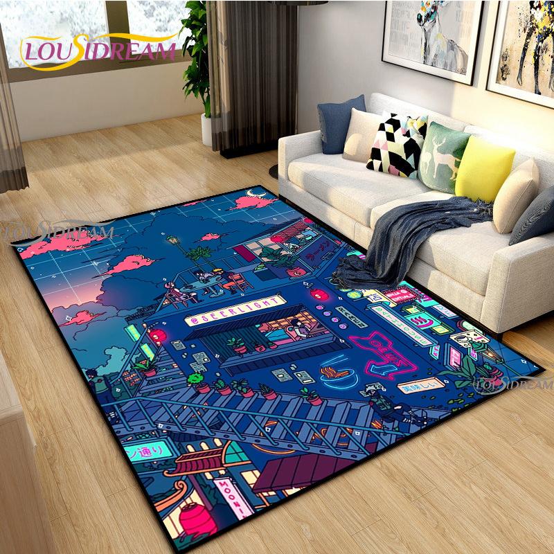 Japanese Anime Night Scene Rugs Child Game Floor Mat Alfombra Cartoon Carpets Modern Home Living Room Decor Washable Floor Rug