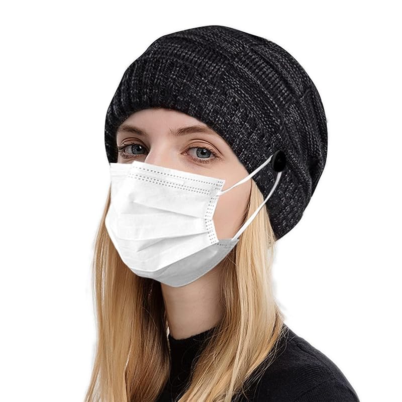 

[Duoyeree] knit hat men s ladies cold weather hat Fleece lining warm with button knit cap large size Thick soft commute Commuting to school sports