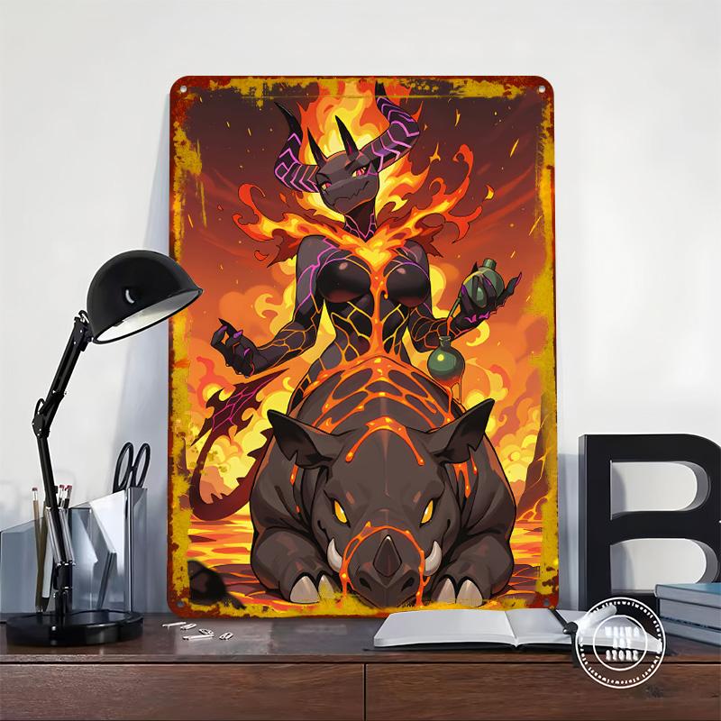 Lava Demon Riding Rhino Metal Poster Customized Wall Art Retro Vintage Tinplate Signs for Coffee Bar Accessories Desk Decor Room