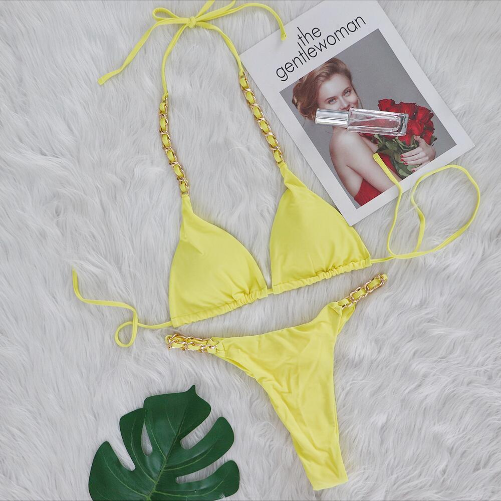 

Европейский и американский сексуальный бикини стринги металлическая цепь плетеная веревка раздельные лямки однотонный купальник L жёлтый
