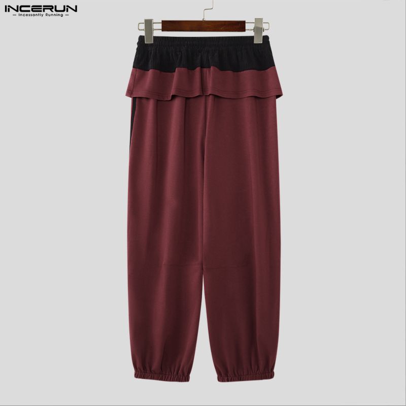INCERUN Men Ruffled Elastic Waist Casual Long Sports Pants Trousers