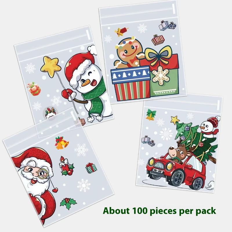 100Pcs Christmas Gift Pouch Clear Self-Adhesive Bag For Candy Cookie Packaging Christmas Party Favor Supplies Snack Baking Bag