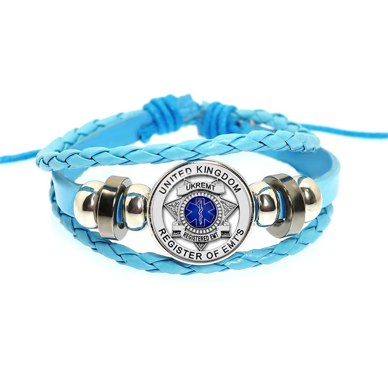 Emergency Medical Technician Paramedic Symbol Logo Black Button Leather Bracelet Glass Dome Blue Star of Life Logo Jewelry