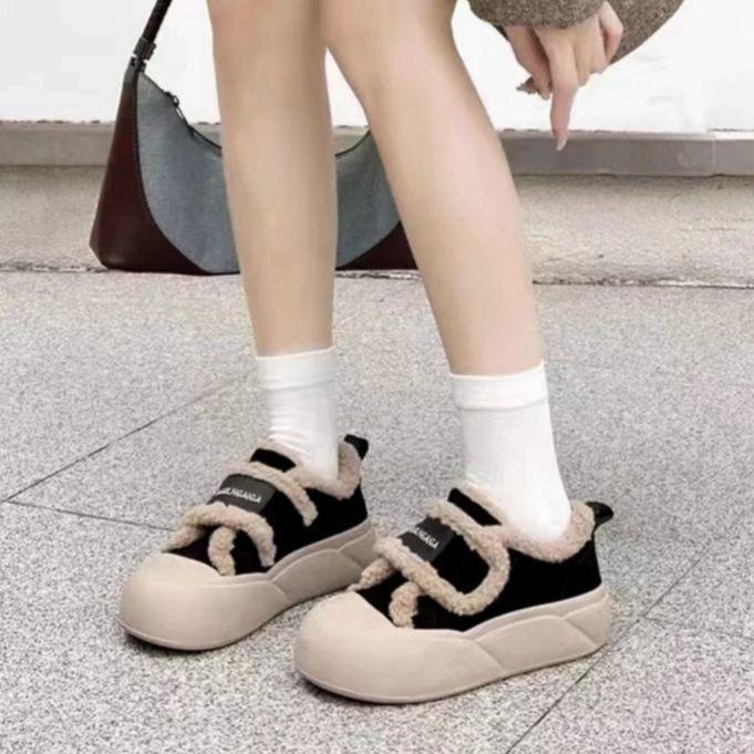 Muffin sole Velcro cotton shoes women's winter velvet thickened winter new one-pedal loafers bread shoes tide
