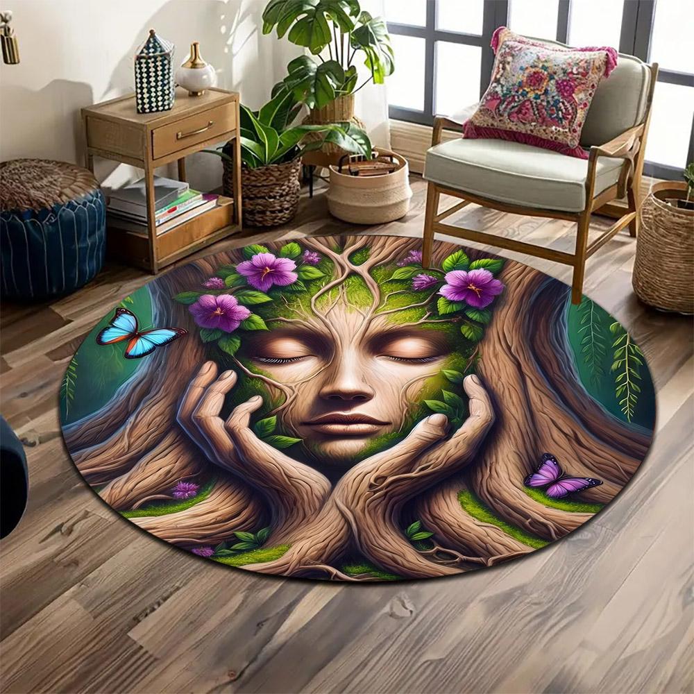 "Tree Goddess with Flowers and Butterflies" Print round rug, living room, bedroom, playroom carpet, non slip floor mat, gift