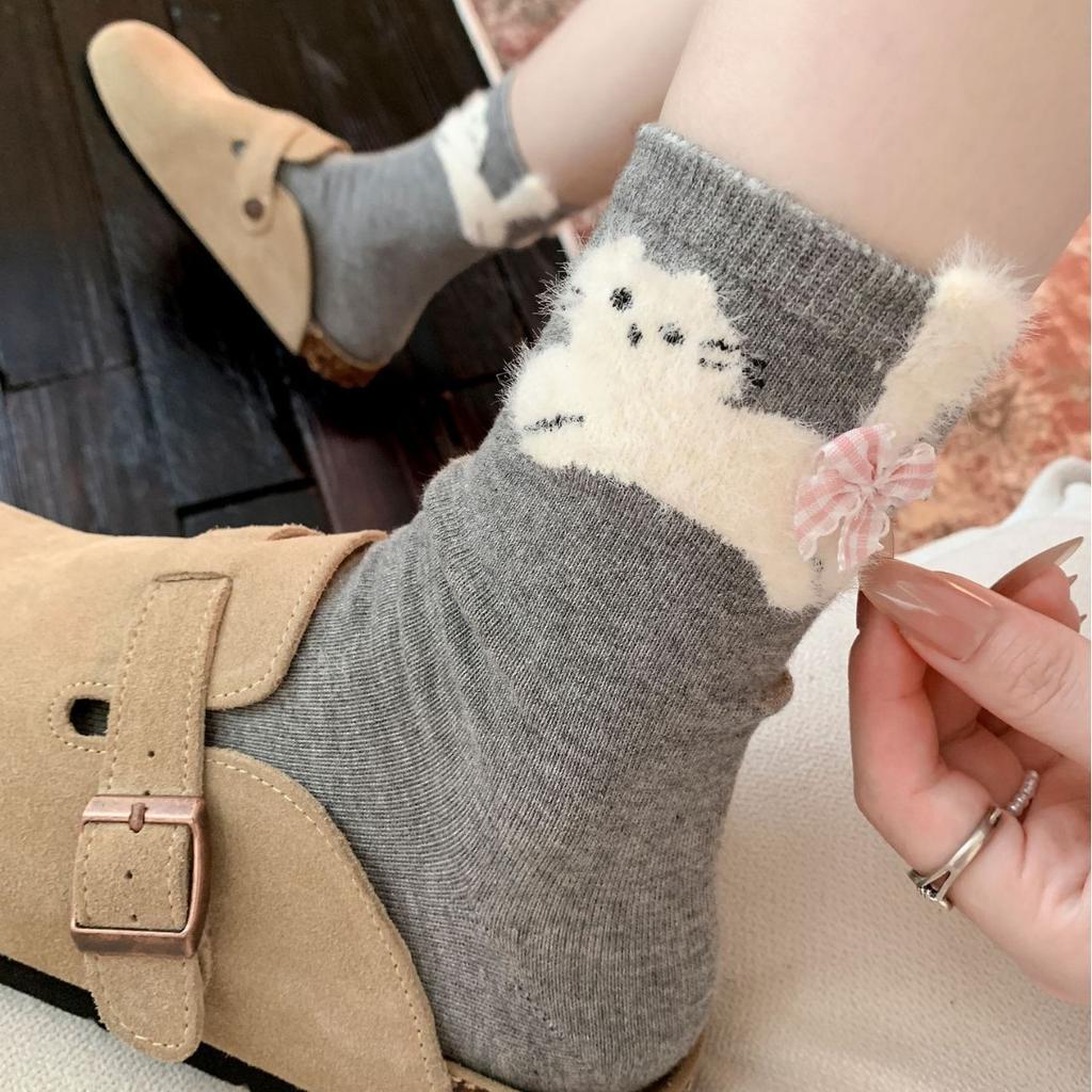 Three-Dimensional Plush Kittens Pile Up Socks Korean Sweet Plaid Mid-Leg Socks Bow Decoration Soft Glutinous Socks Milk White Cotton