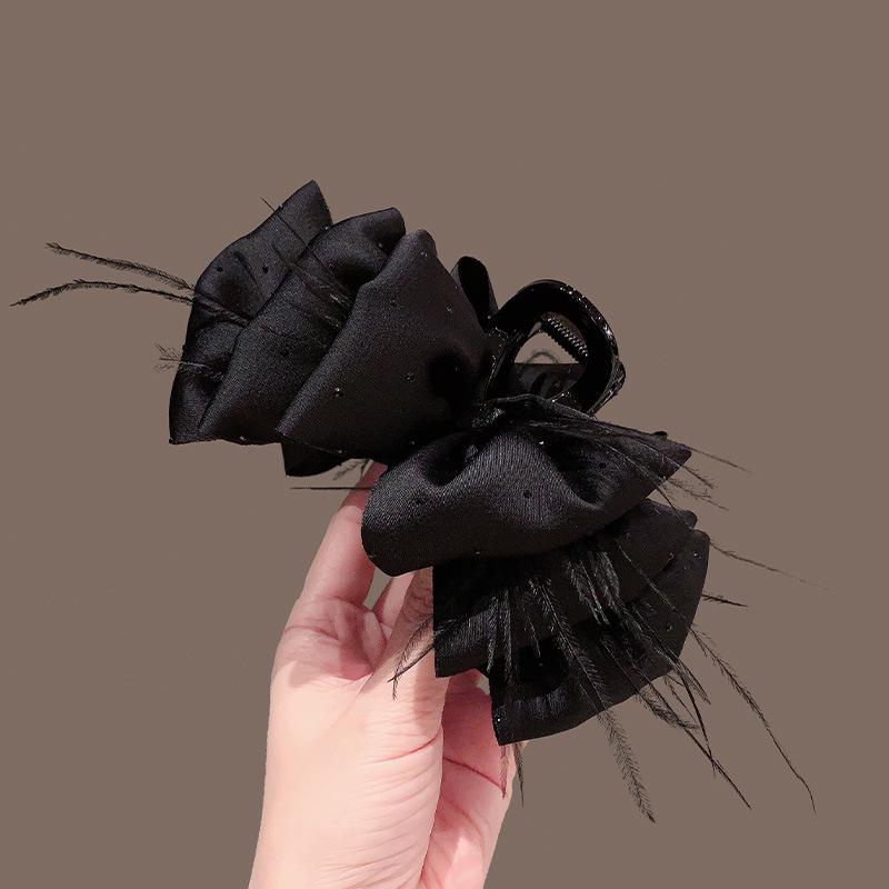 Luxury Black Satin Feather Bubble Claw Clip for Women - Diamond Accent Hair Accessory