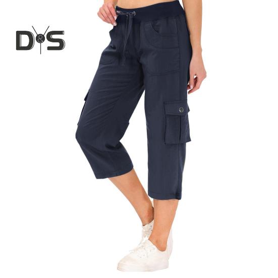 Cropped-Hose für Damen, elastischer Bund, verstellbarer Kordelzug, Wander-Cargohose mit mehreren Taschen, einfarbig, Kletterhose