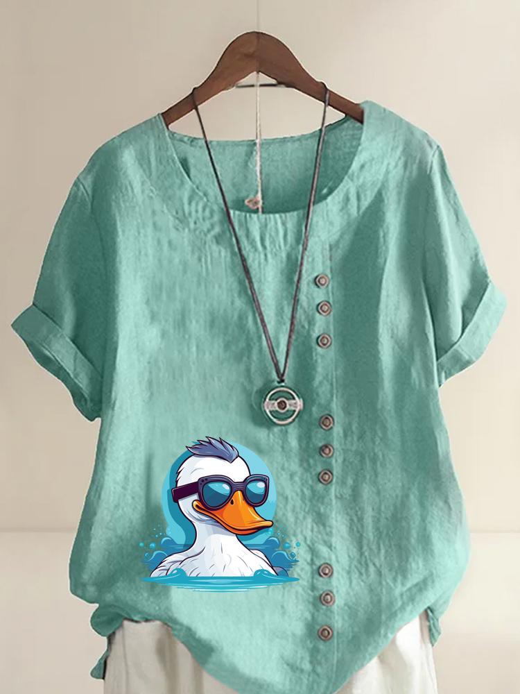 Women's Fashion Cool White Duck Print Casual Cotton Linen Short Sleeve Round Neck T-shirt Shirt Leisure Loose Summer Blouse Tops