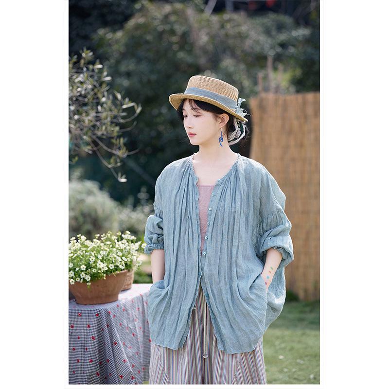 Women s Literary Retro Linen Plus Size Shirt - Breathable, Skin-Friendly, Hazy Design L