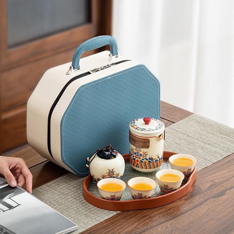 Light Luxury Household Tea Set Retro Set Travel High-end Ru Kiln Waves Ancient Rhyme Express Tea Set Gifts