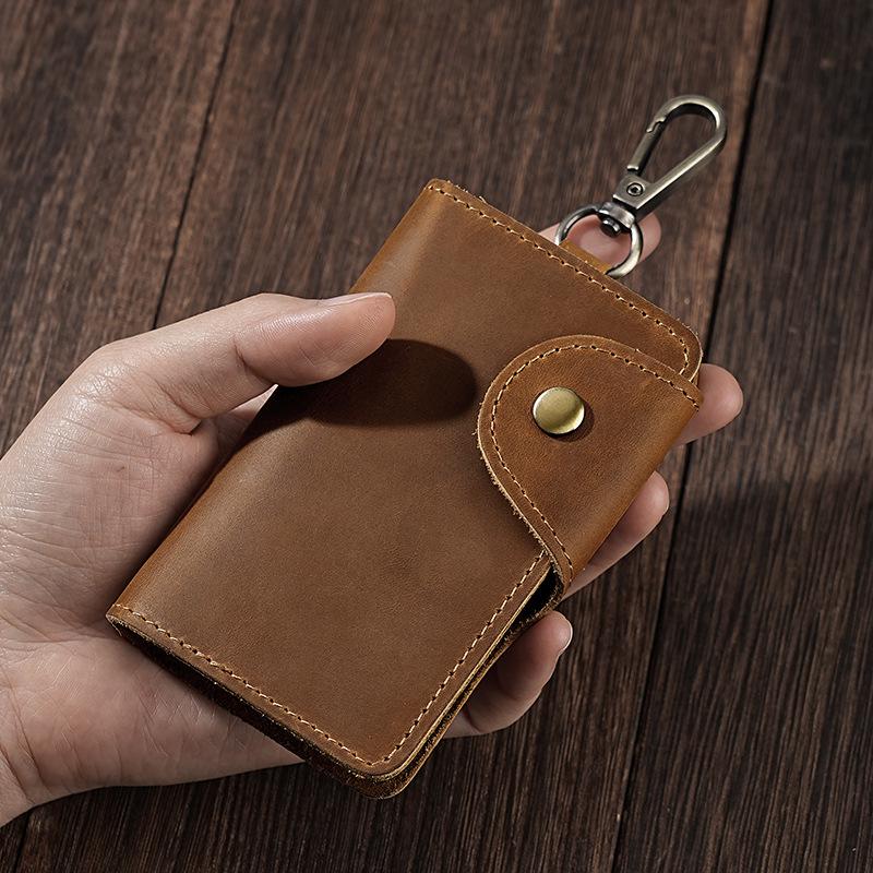 Universal Crazy Horse Leather Key Holder with Card Slot and Waist Buckle for Men and Women