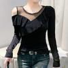 Spring Autumn New Long Sleeved O-neck Sexy Women's Beading Black T-Shirt Elegant Slim Hollow Out Ruffes Tops Tees