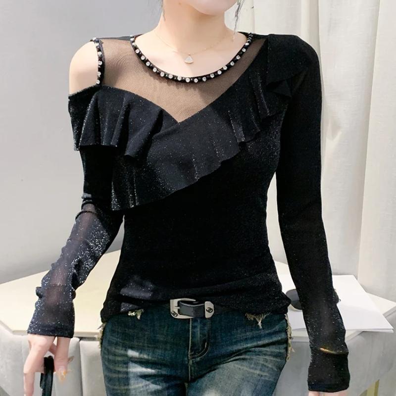 Spring Autumn New Long Sleeved O-neck Sexy Women's Beading Black T-Shirt Elegant Slim Hollow Out Ruffes Tops Tees