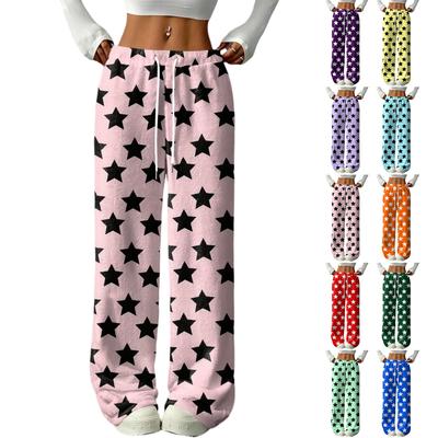 Women's Casual Fashion Printed Elastic Waist Loose Straight Leg Pants With Rope