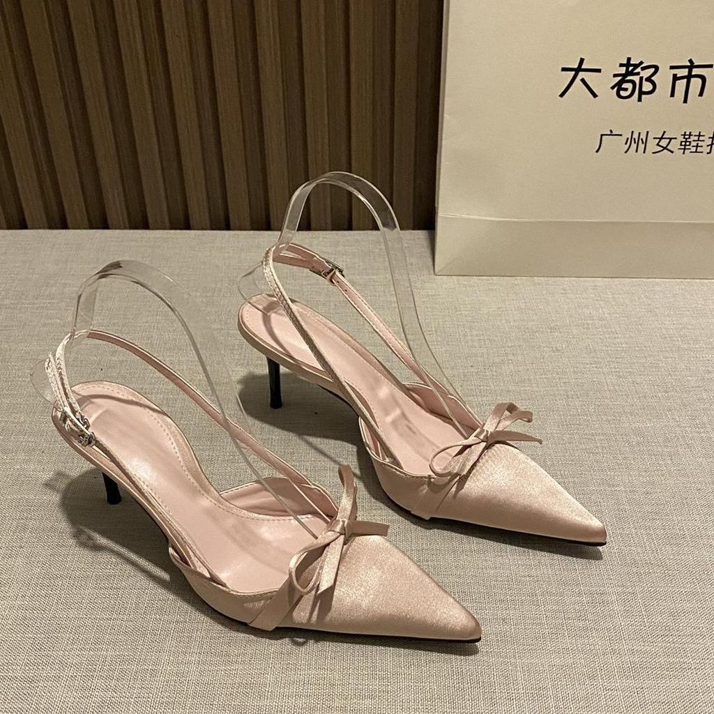 2025 new French elegant fairy gentle bow pointed sandals thin heel empty bag head buckle with high heels