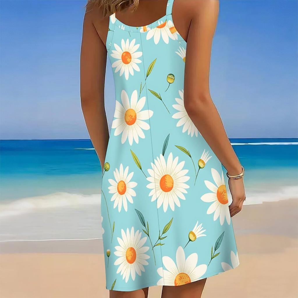 Women Plus Size Sleeveless Round Neck Dress Tropical Banana Leaf White Flower Print Irregular Hem Loose Beach Dress