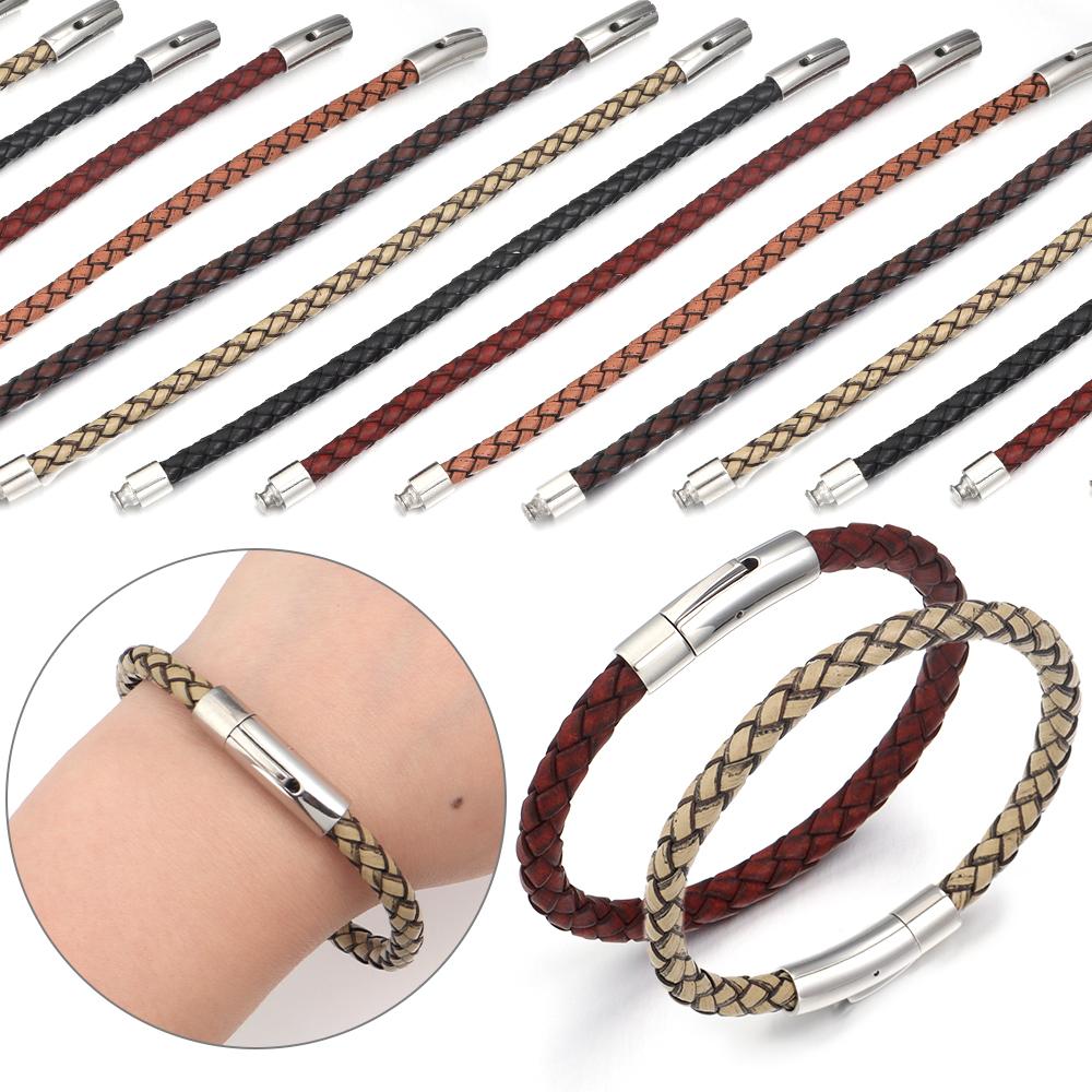 1pc 19/20/21/22cm Leather Cord Bracelet Vintage Stainless Steel Buckle Braided Rope Bracelet For DIY Fashion Crafts Jewelry Gift