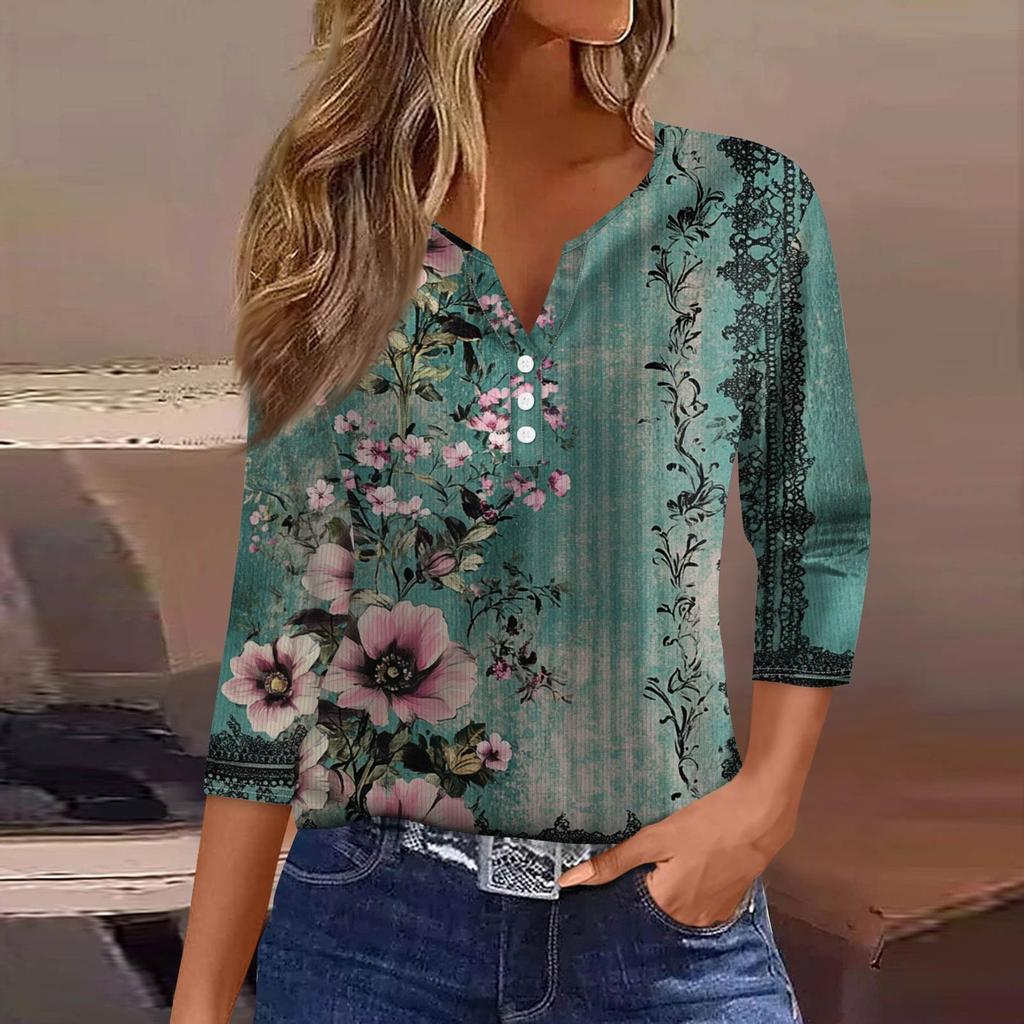 Women's T Shirt Tee Print Button 3/4 Sleeve Tunic Daily Weekend Fashion Basic V- Neck Regular Top